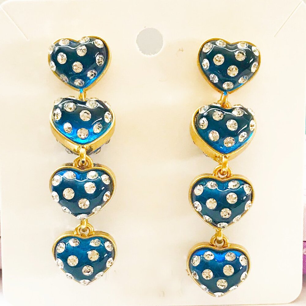 Oscar de la Renta Blue Heart Dangle Earrings Gold Tone Rhinestone Drop Earrings